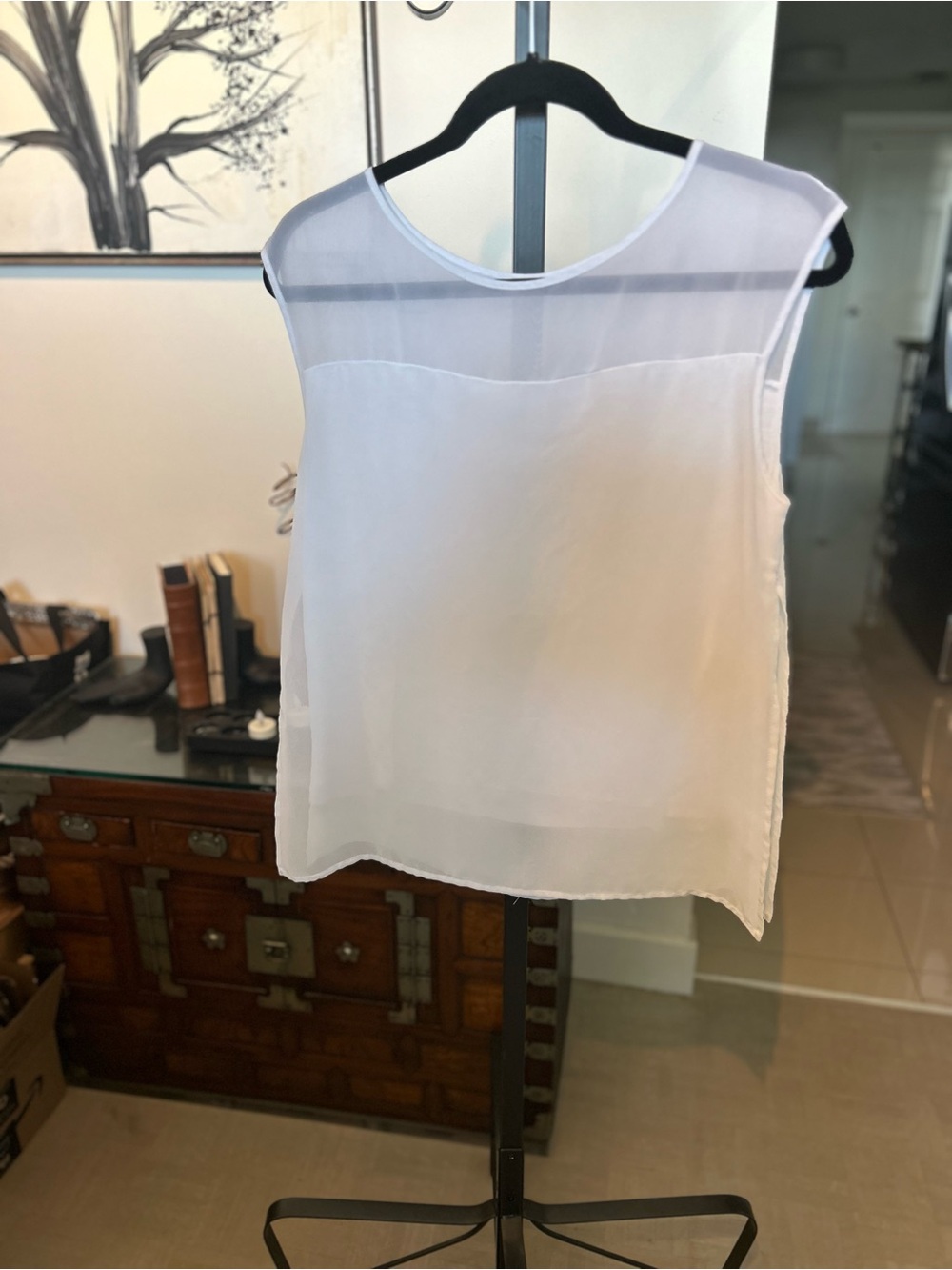 White Sheer Panel Sleeveless Blouse - Classic Women's Top.